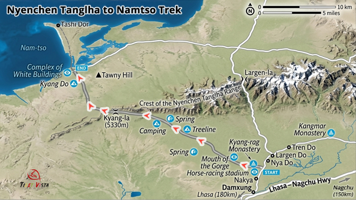 nyenchen tanglha to mamtso lake trek map