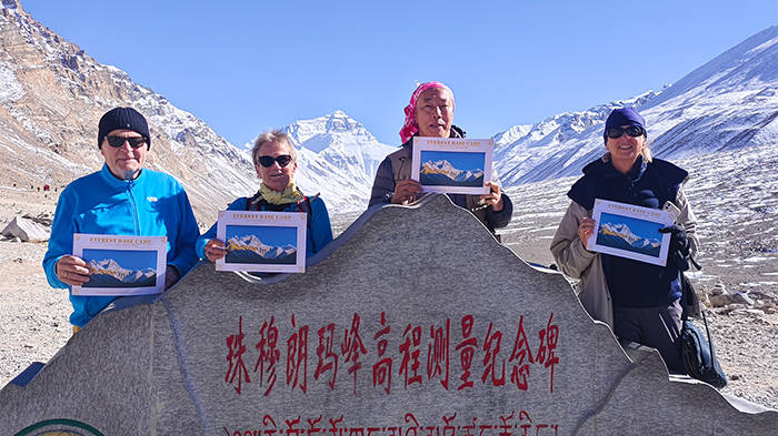 our guests proudly pose with Mount Everest at the Tibet EBC