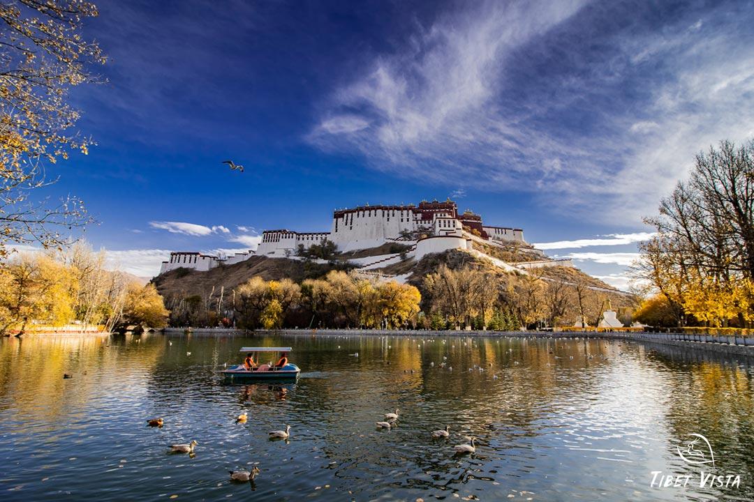 Picturesque Lukhang Park behind Potala Palace in Autumn