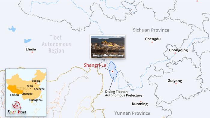 Map of Shangri-La in Diqing, Yunnan