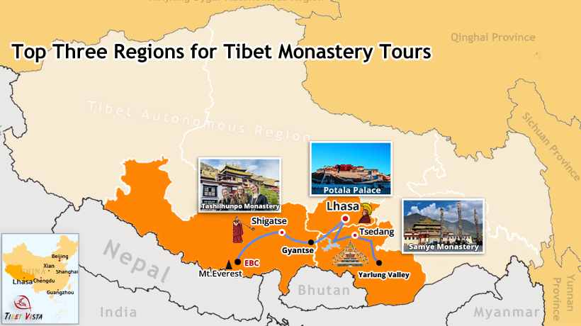 top regions for tibet monastery tours on the map