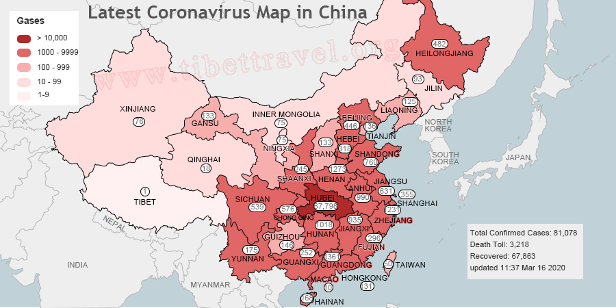 The latest map shows Tibet is the least-affected region across China