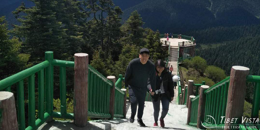 Climbing up the many steps of the Lulang Forest