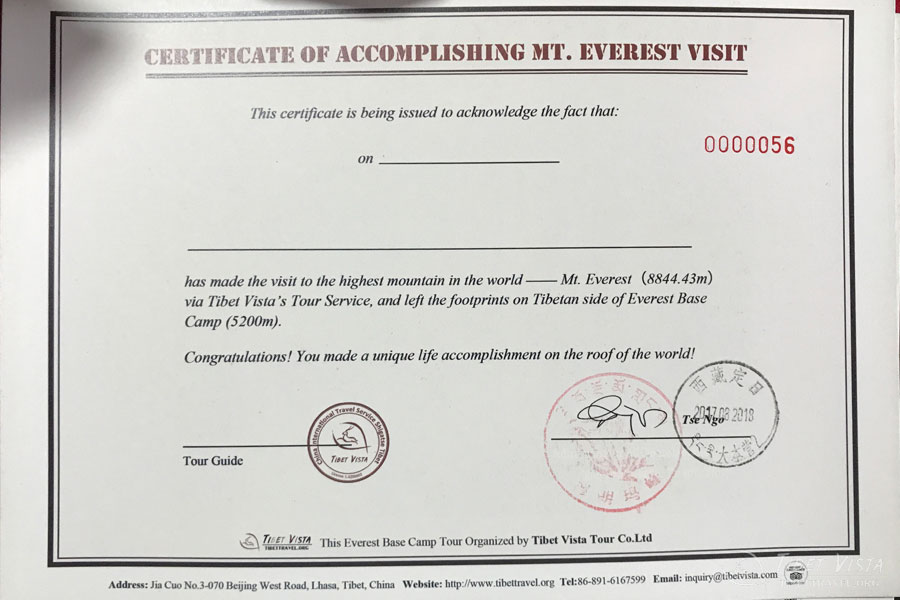 The front of Everest Certificate
