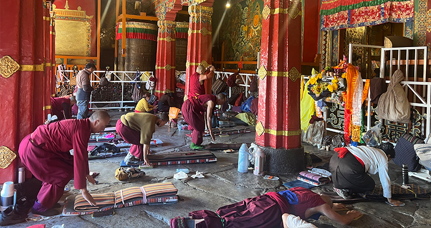 Local pilgrims were prostrating