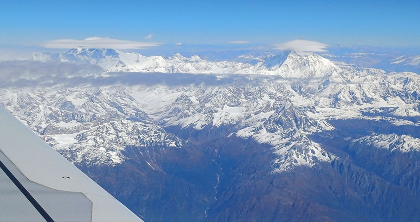 Aerial view of Everest and Makalu on Kathmandu to Paro flight