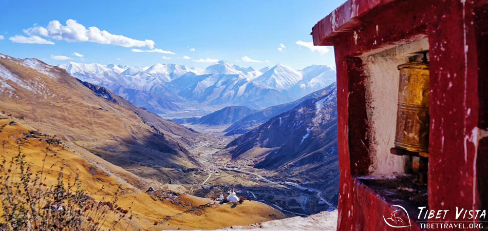 Looking down on the White Stupas at the entrance to Yerpa Monastery