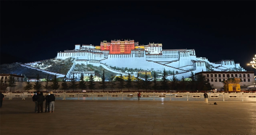Illuminated Potala Palace at night in Lhasa Tibet