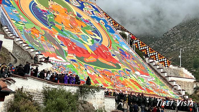Unveiling the thangka during the Shoton Festival.