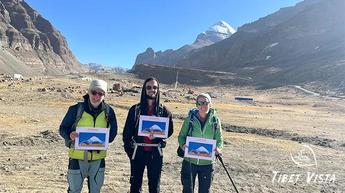 Group photo taken during the kora, with Mt. Kailash in the background.