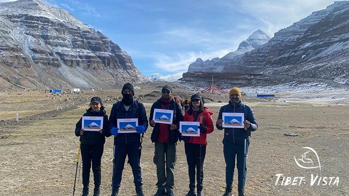 Group photo taken during the kora, with Mt. Kailash in the background.