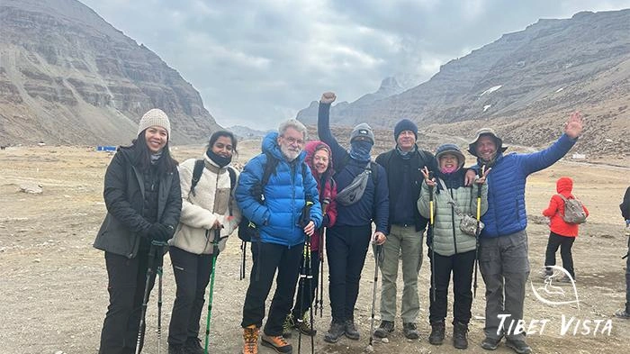 Group photo taken during the kora, with Mt. Kailash in the background.