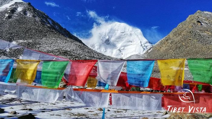 Clear view of Mt.Kailash during Saga Dawa festival with colorful praying flags.