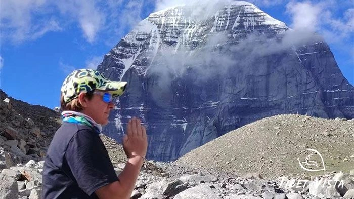 Our beloved guest meditates and offers prayers before the sacred Mount Kailash.