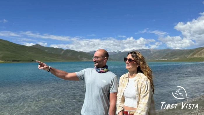 The shimmering blue water of Yamdrok Lake in June.