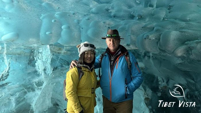 The stunning blue ice cave of Laigu Glacier in June in Nyingchi.