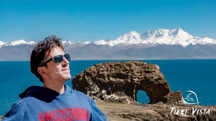 Namtso lake with Holy Elephant Gate in July.