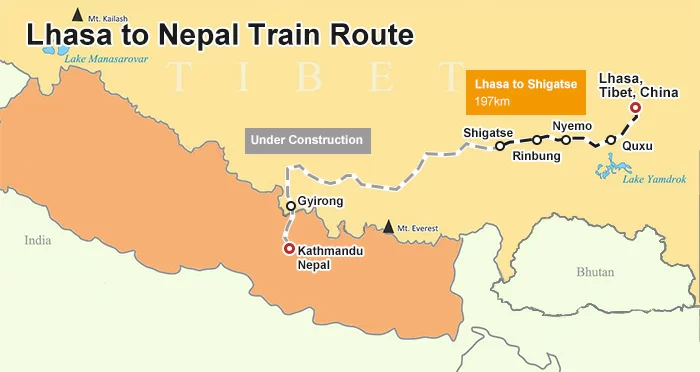Lhasa to Nepal Train Route Map