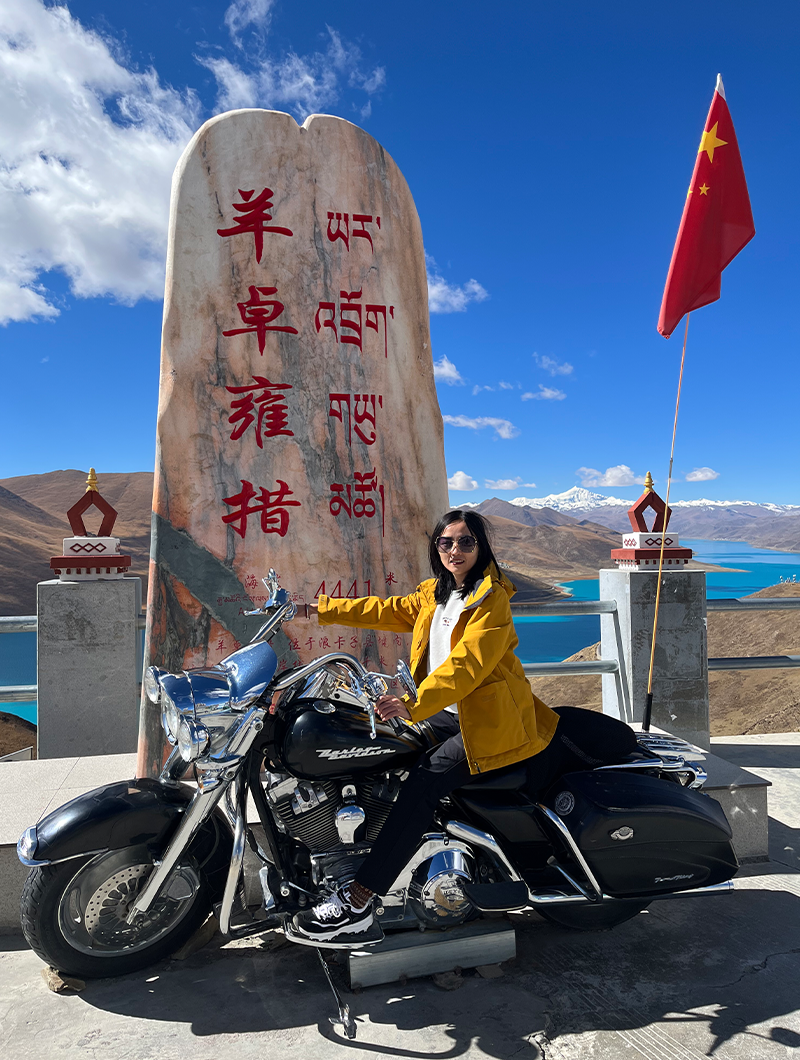 Gemma with motorcycle by Yamdrok Lake